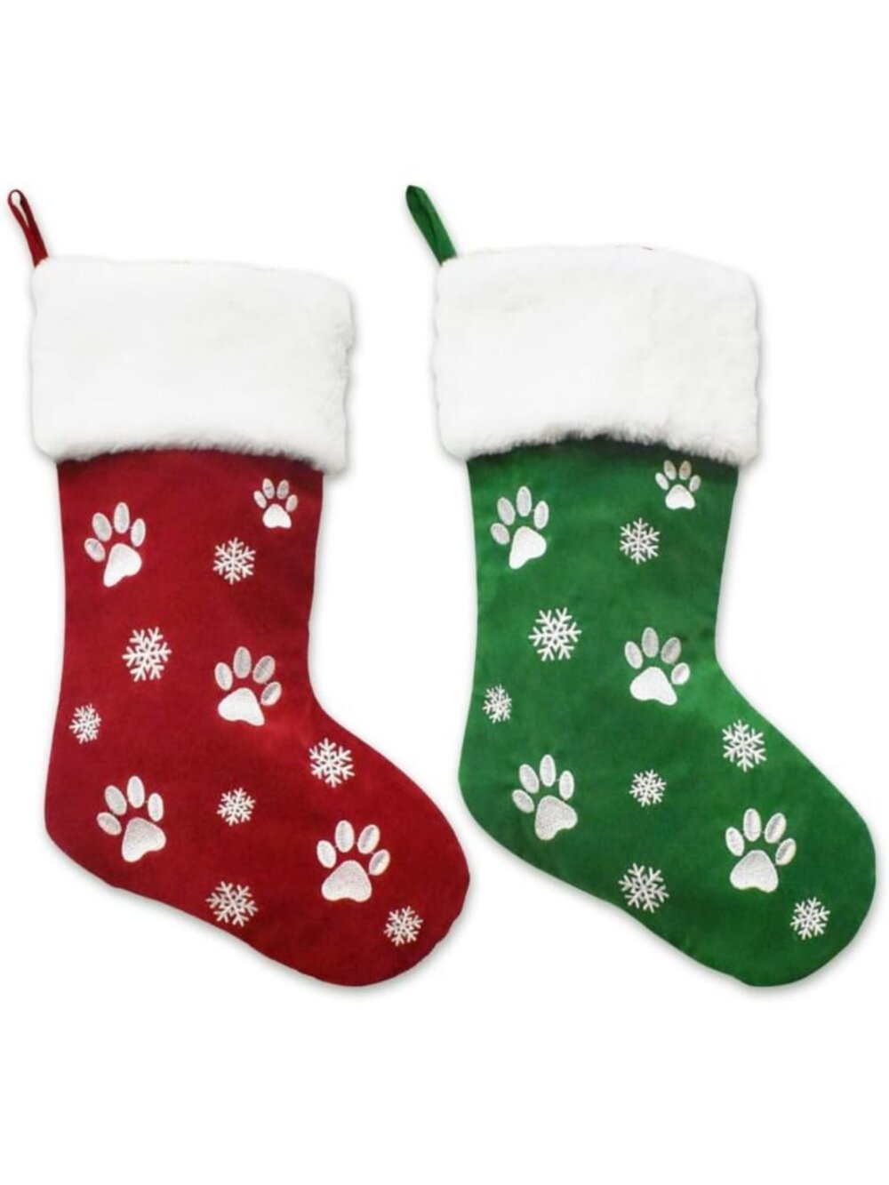 Cozy Velvet Christmas Stockings - 2 Pack, Red & Green, Soft Snowflake Design